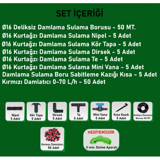 HD GURUP 16 DELİKSİZ DAMLAMA BORUSU 50 METRE SET