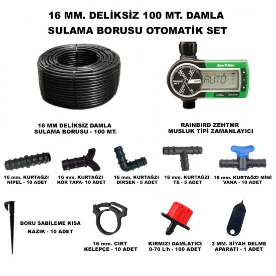 HD GURUP 16 DELİKSİZ DAMLA SULAMA BORU, SİYAH DELME APARATLI, KISA KAZIK VE ZEHTMR MUSLUK TİPİ ZAMANLAYICI SET 100 METRE