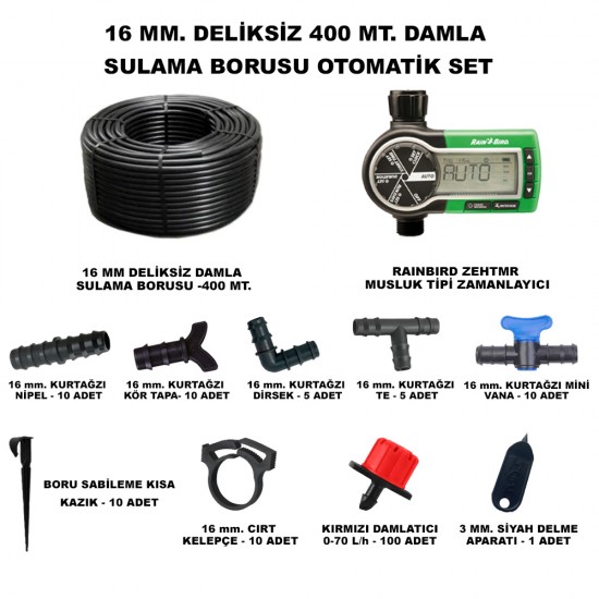 HD GURUP 16 DELİKSİZ DAMLA SULAMA BORU, SİYAH DELME APARATLI, KISA KAZIK VE ZEHTMR MUSLUK TİPİ ZAMANLAYICI SET 400 METRE