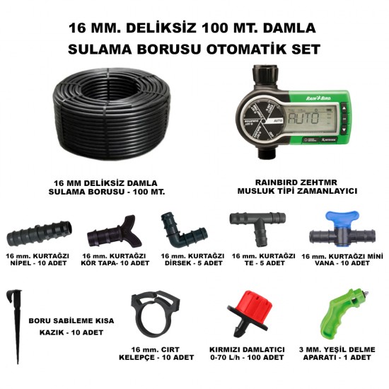 HD GURUP 16 DELİKSİZ DAMLA SULAMA BORU, YEŞİL DELME APARATLI, KISA KAZIK VE ZEHTMR MUSLUK TİPİ ZAMANLAYICI SET 100 METRE