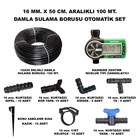 HD GURUP 16X50 cm. DELİKLİ DAMLAMA BORU, KISA KAZIK VE ZEHTMR MUSLUK TİPİ ZAMANLAYICI SET 100 METRE