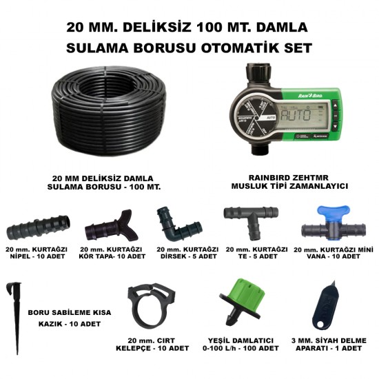 HD GURUP 20 DELİKSİZ DAMLA SULAMA BORU, SİYAH DELME APARATLI, KISA KAZIK, YEŞİL DAMLATICI VE ZEHTMR MUSLUK TİPİ ZAMANLAYICI SET 100 METRE