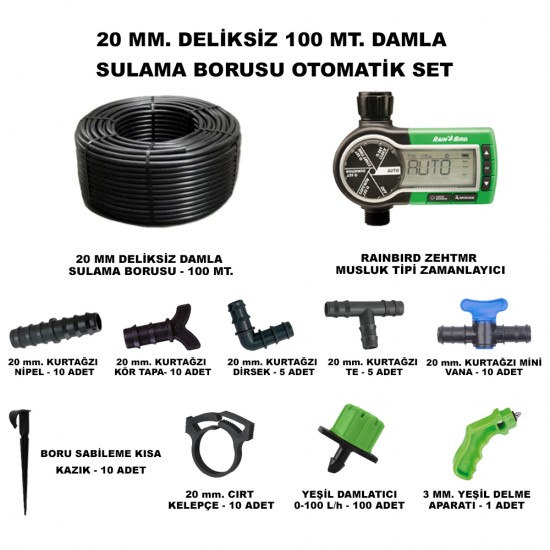 HD GURUP 20 DELİKSİZ DAMLA SULAMA BORU, YEŞİL DELME APARATLI, KISA KAZIK, YEŞİL DAMLATICI VE ZEHTMR MUSLUK TİPİ ZAMANLAYICI SET 100 METRE