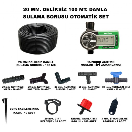 HD GURUP 20 DELİKSİZ DAMLA SULAMA BORU, SİYAH DELME APARATLI, KISA KAZIK VE ZEHTMR MUSLUK TİPİ ZAMANLAYICI SET 100 METRE