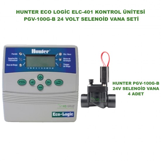 HUNTER ECO LOGİC ELC- 4 İSTASYON İÇ MEKAN KONTROL ÜNİTESİ 24V VE 4 ADET PGV-100-GB 1" VANA SETİ