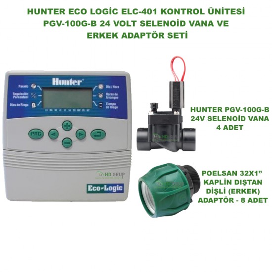 HUNTER ECO LOGİC ELC- 401İ-E 4 İSTASYON İÇ MEKAN KONTROL ÜNİTESİ 24V VE 4 ADET PGV-100-GB 1" VANA VE ERKEK ADAPTÖR SETİ