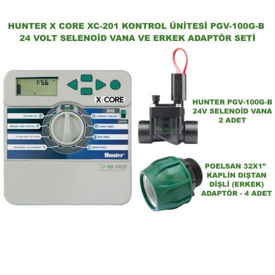 HUNTER X-CORE 2 İSTASYON İÇ MEKAN KONTROL ÜNİTESİ 24V VE 2 ADET PGV-100-GB 1" VANA VE ERKEK ADAPTÖR SETİ