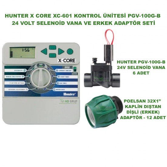 HUNTER X-CORE 6 İSTASYON İÇ MEKAN KONTROL ÜNİTESİ 24V VE 6 ADET PGV-100-GB 1" VANA VE ERKEK ADAPTÖR SETİ