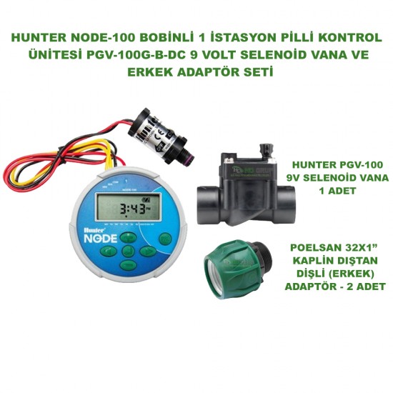 HUNTER NODE-100 1 İSTASYONLU BOBİNLİ PİLLİ KONTROL ÜNİTESİ 9V. VE PGV-100G-B-DC 9V VANA BOBİNSİZ VE ERKEK ADAPTÖR SETİ