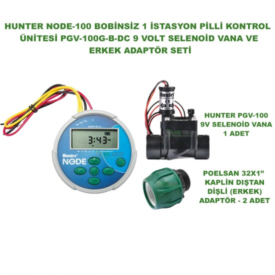 HUNTER NODE-100-LS 1 İSTASYONLU BOBİNSİZ PİLLİ KONTROL ÜNİTESİ 9V. VE PGV-100G-B-DC 9V VANA VE ERKEK ADAPTÖR SETİ