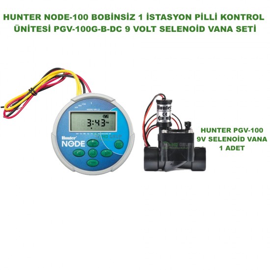 HUNTER NODE-100-LS 1 İSTASYONLU BOBİNSİZ PİLLİ KONTROL ÜNİTESİ 9V. VE PGV-100G-B-DC 9V VANA SETİ