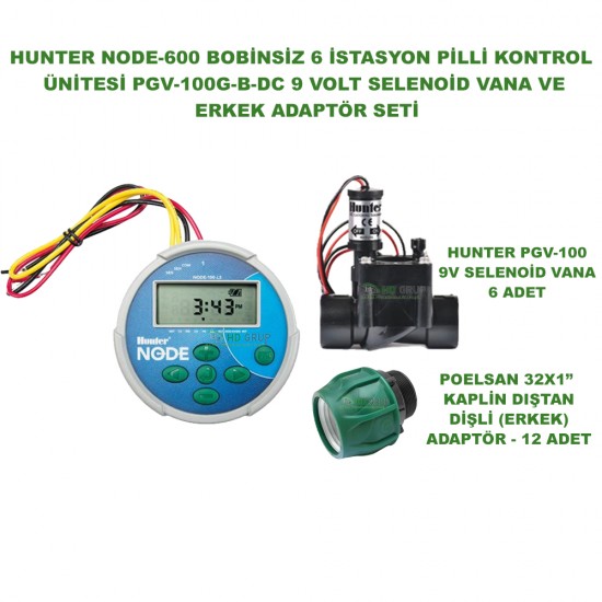 HUNTER NODE-600 6 İSTASYONLU BOBİNSİZ PİLLİ KONTROL ÜNİTESİ 9V. VE PGV-100G-B-DC 9V VANA VE ERKEK ADAPTÖR SETİ