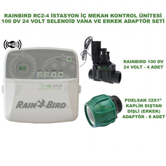 RAINBIRD İÇ MEKAN RC2-4 İSTASYONLU KONTROL ÜNİTESİ + 4 ADET 100 DVF 24V VANA VE ERKEK ADAPTÖR SETİ