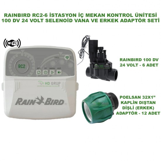 RAINBIRD İÇ MEKAN RC2-6 İSTASYONLU KONTROL ÜNİTESİ + 6 ADET 100 DVF 24V VANA VE ERKEK ADAPTÖR SETİ