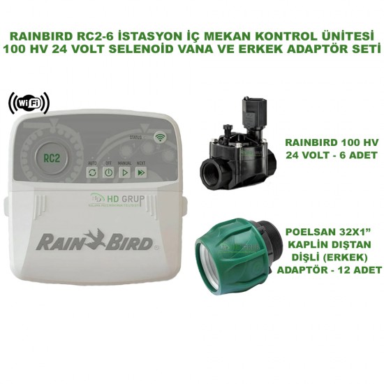 RAINBIRD İÇ MEKAN RC2-6 İSTASYONLU KONTROL ÜNİTESİ + 6 ADET 100 HV 24V VANA VE ERKEK ADAPTÖR SETİ