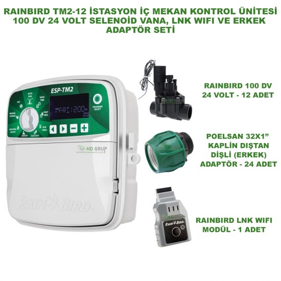 RAINBIRD İÇ MEKAN ESP-TM2-12 İSTASYONLU KONTROL ÜNİTESİ + LNK2 WIFI MODÜLÜ + 12 ADET 100 HV VANA VE ERKEK ADAPTÖR SETİ