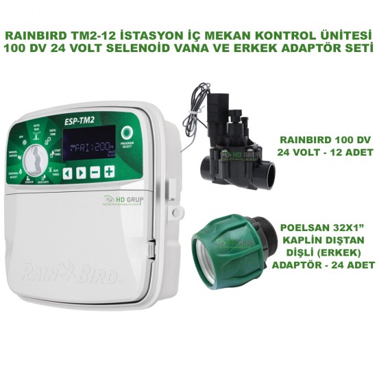 RAINBIRD İÇ MEKAN ESP-TM2-12 İSTASYONLU KONTROL ÜNİTESİ VE 12 ADET 100 DVF VANA VE ERKEK ADAPTÖR SETİ