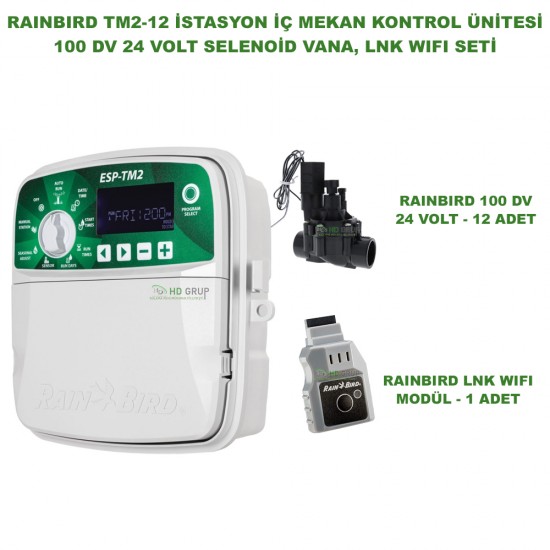 RAINBIRD İÇ MEKAN ESP-TM2-12 İSTASYONLU KONTROL ÜNİTESİ + LNK2 WIFI MODÜLÜ + 12 ADET 100 DVF VANA SETİ