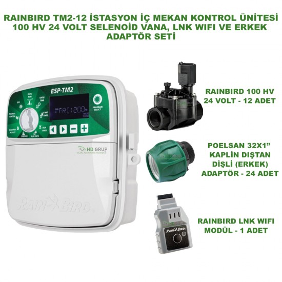 RAINBIRD İÇ MEKAN ESP-TM2-12 İSTASYONLU KONTROL ÜNİTESİ + LNK2 WIFI MODÜLÜ + 12 ADET 100 HV VANA VE ERKEK ADAPTÖR SETİ