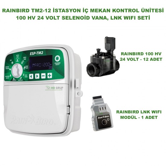 RAINBIRD İÇ MEKAN ESP-TM2-12 İSTASYONLU KONTROL ÜNİTESİ + LNK2 WIFI MODÜLÜ + 12 ADET 100 HV VANA SETİ