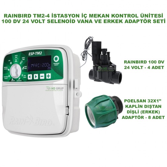 RAINBIRD İÇ MEKAN ESP-TM2-4 İSTASYONLU KONTROL ÜNİTESİ VE 4 ADET 100 DVF VANA VE ERKEK ADAPTÖR SETİ