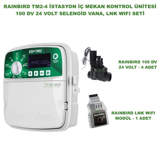 RAINBIRD İÇ MEKAN ESP-TM2-4 İSTASYONLU KONTROL ÜNİTESİ + LNK2 WIFI MODÜLÜ + 4 ADET 100 DVF VANA SETİ