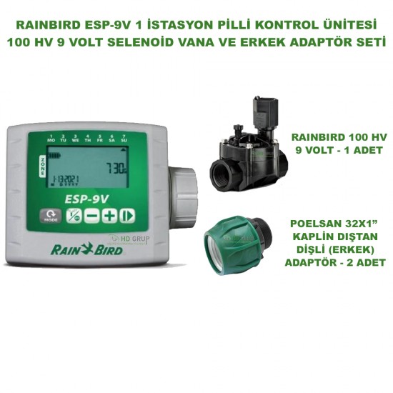 RAINBIRD ESP-9VI-1 PİLLİ KONTROL ÜNİTESİ 9V. 1 İSTASYONLU VE 1 ADET 100 HV 9V. VANA VE ERKEK ADAPTÖR SETİ