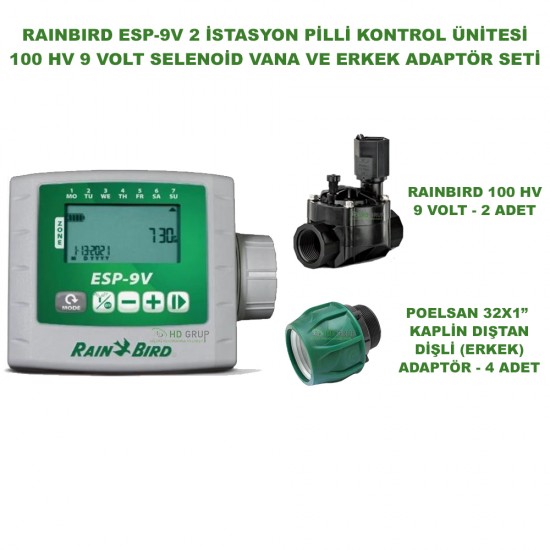 RAINBIRD ESP-9VI-2 PİLLİ KONTROL ÜNİTESİ 9V. 2 İSTASYONLU VE 2 ADET 100 HV 9V. VANA VE ERKEK ADAPTÖR SETİ