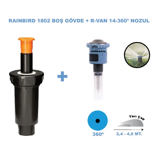 RAINBIRD  RVAN14-360º DÖNER NOZUL TAM TUR 2,4 - 4,6 MT. VE 1802 PROFESYONEL SPREY GÖVDE SETİ 