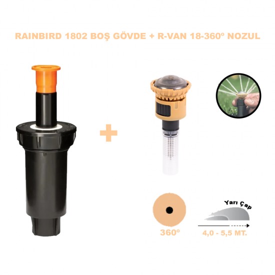 RAINBIRD  RVAN18-360º DÖNER NOZUL TAM TUR 2,4 - 4,6 MT. VE 1802 PROFESYONEL SPREY GÖVDE SETİ 