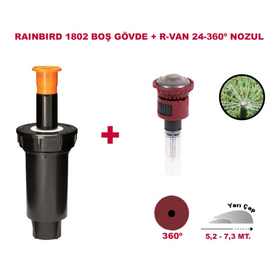 RAINBIRD  RVAN24-360º DÖNER NOZUL TAM TUR 5,2-7,3 MT. VE 1802 PROFESYONEL SPREY GÖVDE SETİ 