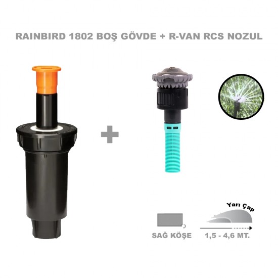 RAINBIRD  RVAN RCS DÖNER NOZUL TAM TUR 1,5 - 4,6 MT. VE 1802 PROFESYONEL SPREY GÖVDE SETİ 