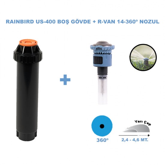 RAINBIRD  RVAN14-360º DÖNER NOZUL TAM TUR 2,4 - 4,6 MT. VE US-400 PROFESYONEL SPREY GÖVDE SETİ