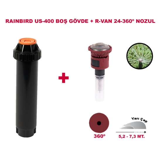 RAINBIRD  RVAN24-360º DÖNER NOZUL TAM TUR 5,2-7,3 MT. VE US-400 PROFESYONEL SPREY GÖVDE SETİ