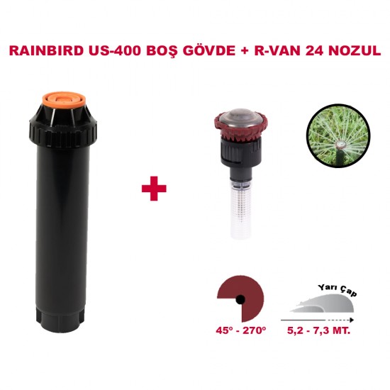 RAINBIRD  RVAN24 DÖNER NOZUL TAM TUR 5,2-7,3 MT. VE US-400 PROFESYONEL SPREY GÖVDE SETİ