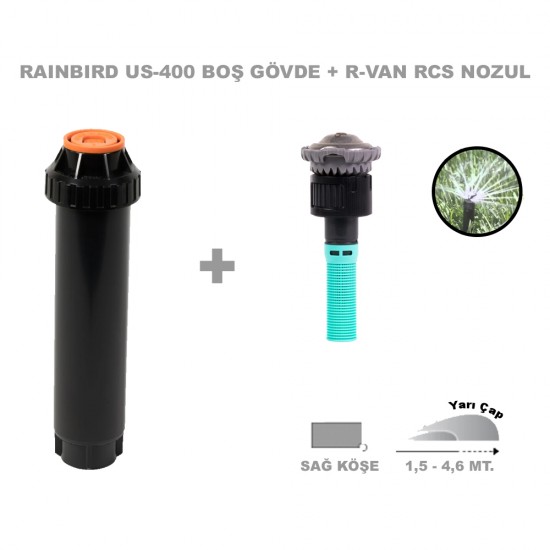 RAINBIRD  RVAN RCS DÖNER NOZUL TAM TUR 1,5 - 4,6 MT. VE US-400 PROFESYONEL SPREY GÖVDE SETİ