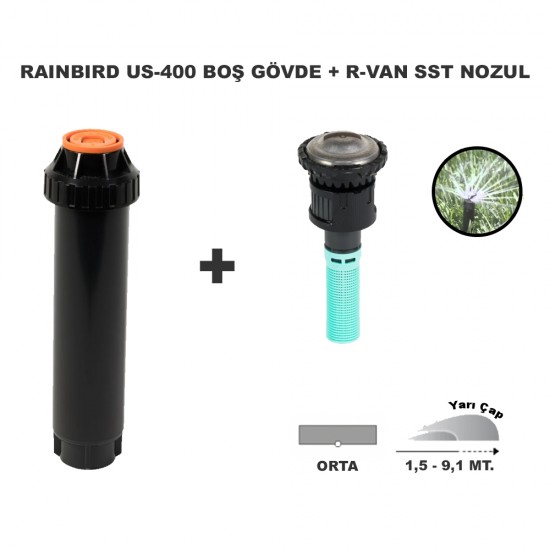 RAINBIRD  RVAN SST DÖNER NOZUL TAM TUR 1,5-9,1 MT. VE US-400 PROFESYONEL SPREY GÖVDE SETİ